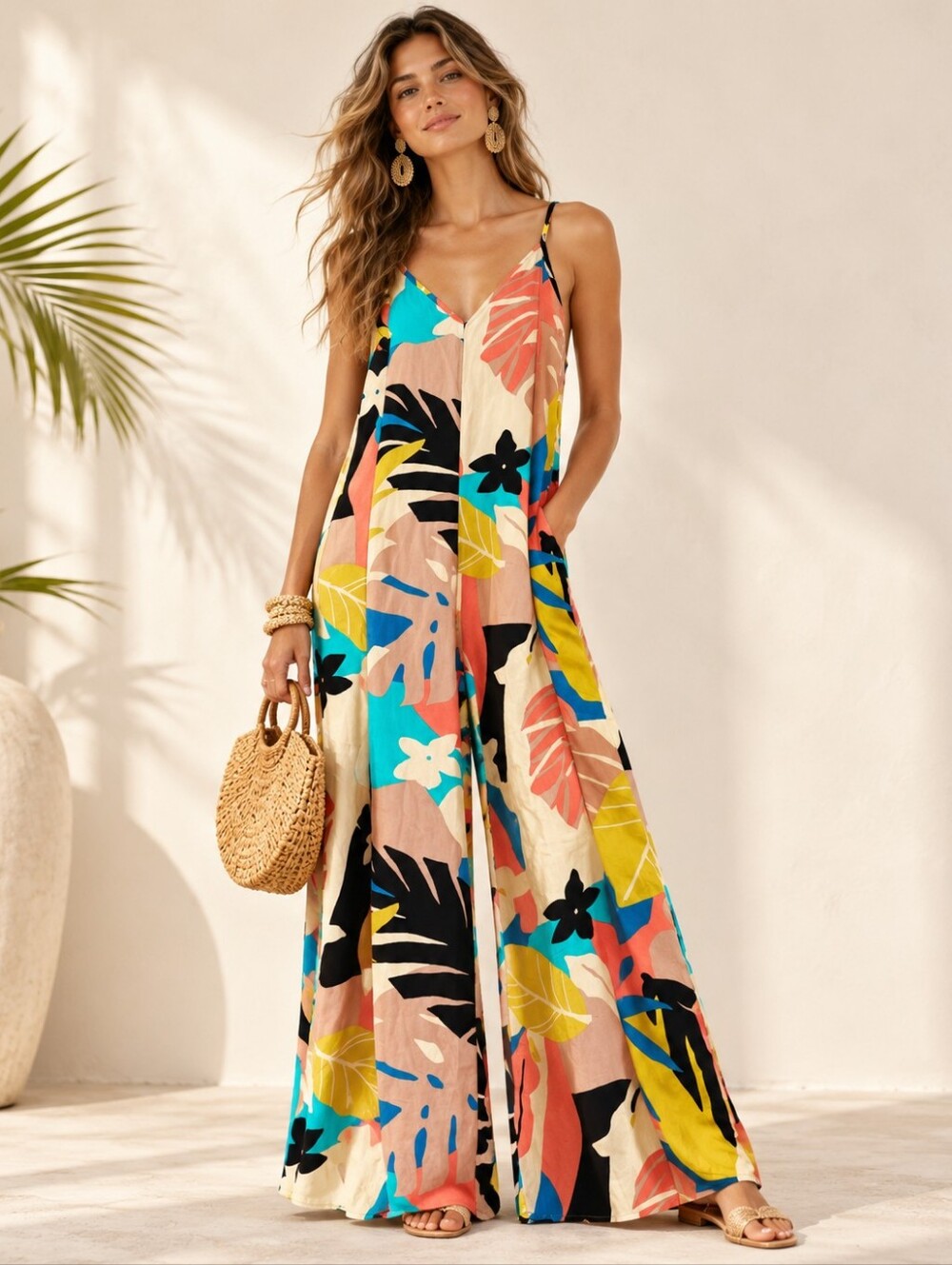 Luukse Tropical Print Wide Leg Jumpsuit Size M Loose Fit Flowy Colorful EUC